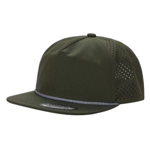 May include: An olive green snapback cap with a flat peak. The cap has a perforated side panel for ventilation and a decorative rope detail along the brim. A small button is on top.