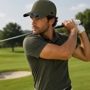 May include: An olive green baseball cap with a small black logo on the side and a sticker on the brim. The cap features a structured crown and a curved visor, providing a classic athletic look suitable for outdoor activities and sports.