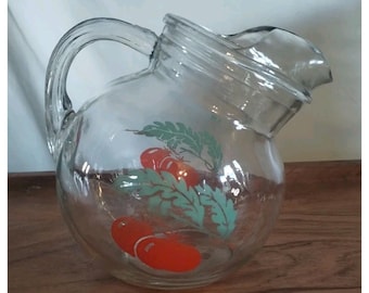 Vintage Small Glass Pitcher w/Ice Lip Bulbous Tomato PRYOGRAPHICS JUICE PITCHER