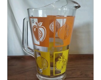 Mid Century Retro 10" Glass Lemonade Orange Yellow Fruit Vintage Pitcher