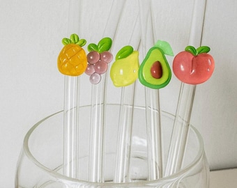 Cannucce di vetro con disegno di frutta | Cannucce di vetro riutilizzabili | Cannucce da cocktail colorate | Idea regalo e decorazione estiva, frutta