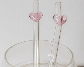 Glass straws with heart design | Reusable glass drinking straws | Colorful cocktail straws | Gift idea & summer decoration, pink