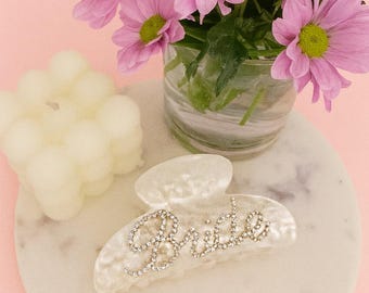 Bride Hair Clip, Mother-of-Pearl White | Bridal Hair Clip with Rhinestones | Bachelorette Party Accessories | Wedding Hair Hair Accessory | Bridal Shower Gift