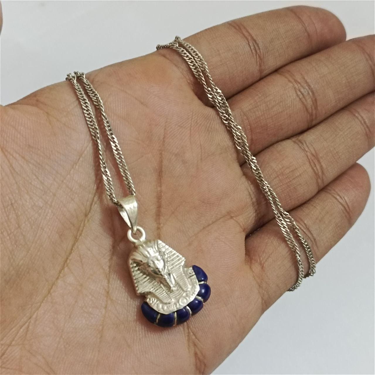アンティーク925シルバーファラオペンダント - エジプト風ブルー