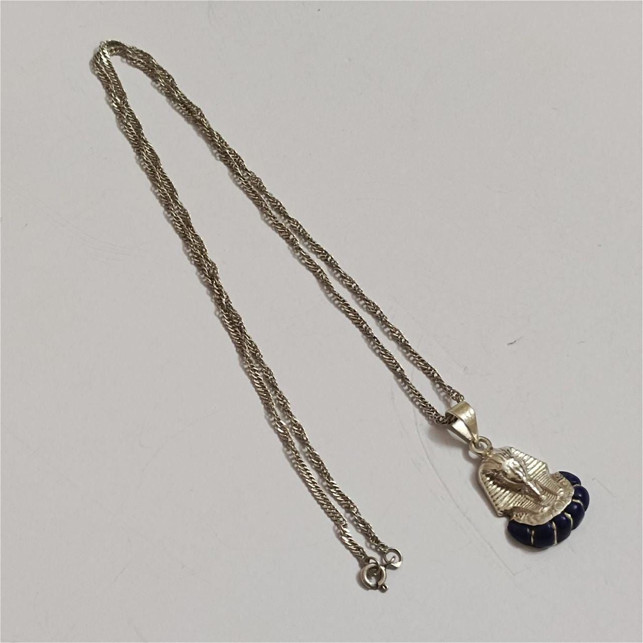 アンティーク925シルバーファラオペンダント - エジプト風ブルー