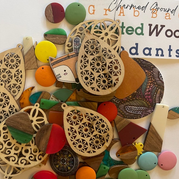 50 assorted grab bag of wood pendants!