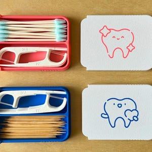 May include: A dental hygiene kit with a pink and a blue container. The pink container holds cotton buds and floss picks, while the blue container holds floss picks and toothpicks. Two white cards feature tooth illustrations.