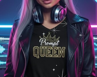 May include: A black V-neck t-shirt with the text "Prompt QUEEN" in gold lettering and a crown design. The shirt is worn with a black leather jacket and dark jeans. Headphones are around the neck.