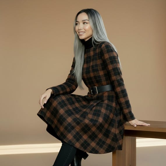 elegant plaid dress Elegant High-neck Plaid Dress | Autumn Winter Long Sleeve Dress