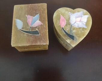 Joyeros vintage de esteatita india, tallados a mano con incrustaciones, con forma de corazón y cuadrado, hechos en India.