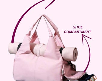 May include: A light pink yoga bag with a yoga mat holder and a shoe compartment. The bag has two handles and a zipper. The yoga mat is rolled up and secured with a black strap. The shoe compartment contains a pair of sneakers.