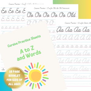 May include: Cursive practice sheets for kids, featuring the alphabet and words. The cover displays a colorful sun graphic and the text "Cursive Practice Sheets A to Z and Words". The booklet is advertised as a 38-page resource for all ages.