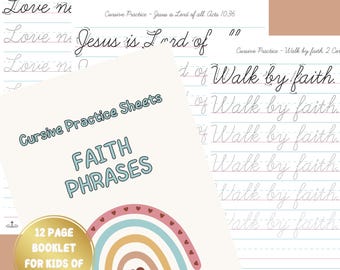 Writing Faith Phrases for Kids, Christian Handwriting Practice Printable, Bible Verse Tracing Worksheets, Cursive & Print Writing Workbook
