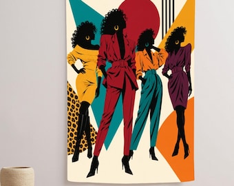 80s Fashion Tapestry, Retro Women Silhouette Wall Art, Matching Pillow Available, Colorful Fashion Decor
