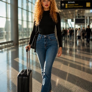 May include: A black long-sleeved mock neck top paired with blue denim jeans and a black rolling suitcase with an extendable handle. The ensemble is completed with black footwear, creating a functional look for travel through an airport terminal.
