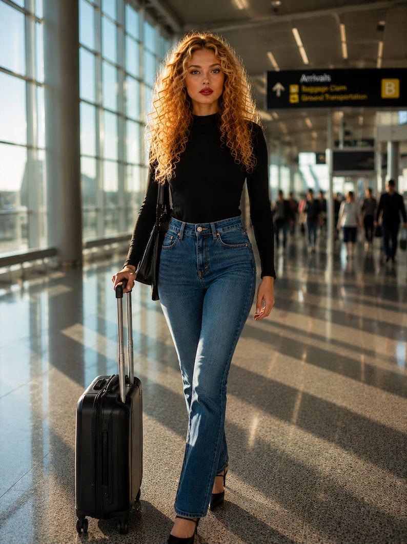 May include: A black long-sleeved mock neck top paired with blue denim jeans and a black rolling suitcase with an extendable handle. The ensemble is completed with black footwear, creating a functional look for travel through an airport terminal.