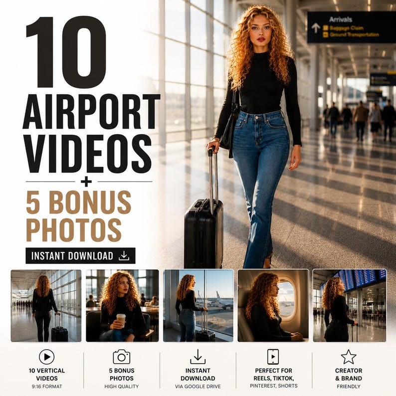 May include: A digital collection featuring 10 airport videos and 5 bonus photos. The promotional graphic displays text reading 10 AIRPORT VIDEOS + 5 BONUS PHOTOS INSTANT DOWNLOAD, alongside imagery of a person with curly hair pulling a black suitcase.