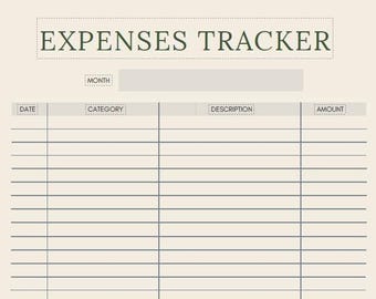 Puede incluir: Un rastreador de gastos beige con el texto "EXPENSES TRACKER" en verde. El rastreador incluye campos para el mes, la fecha, la categoría, la descripción y la cantidad. El diseño es simple y organizado.