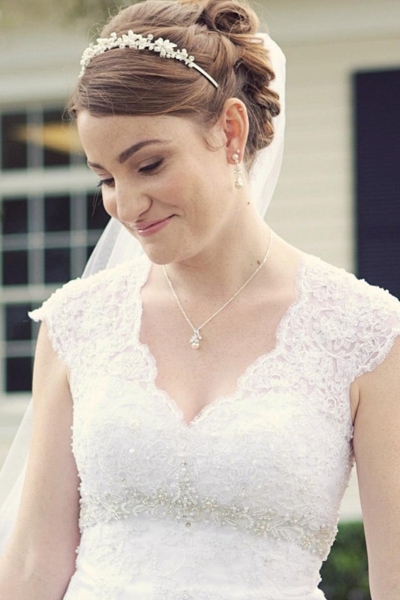 Pearl Drop Wedding Necklace. Cubic Zirconia Bridal Pendant. Bridal Necklace. Crystal Wedding Pendant. Bridesmaids Jewelry image 5