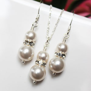 Pearl Drop Bridal Jewelry Set. Wedding Jewelry Set. Bridesmaids Jewelry Set, Rhinestone Pearl Pendant image 1