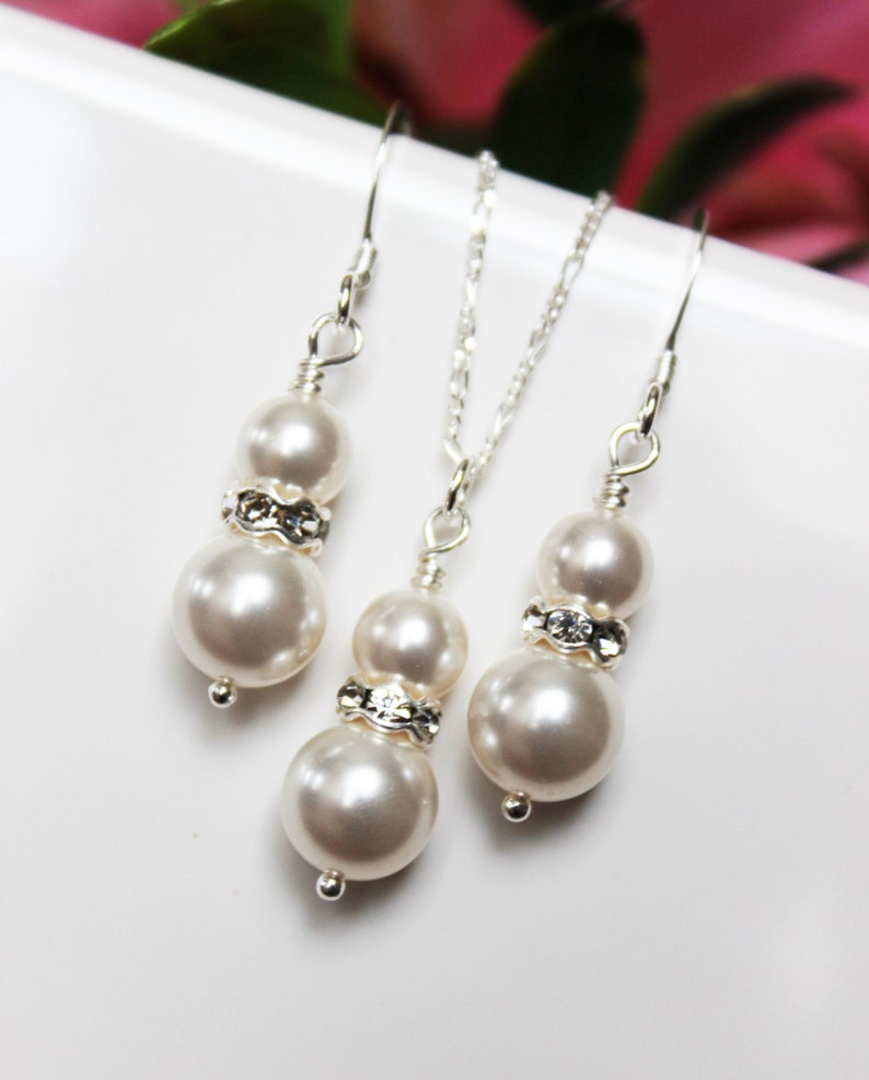 Pearl Drop Bridal Jewelry Set. Wedding Jewelry Set. Bridesmaids Jewelry Set, Rhinestone Pearl Pendant image 1