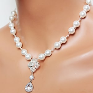 Swarovski Crystal Filigree Wedding Necklace, Crystal and Rhinestone Drop Bridal Necklace, Swarovski Crystal White Pearls