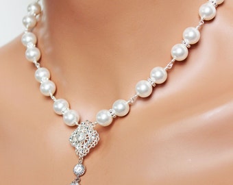 Swarovski Crystal Filigree Wedding Necklace, Crystal and Rhinestone Drop Bridal Necklace, Swarovski Crystal White Pearls