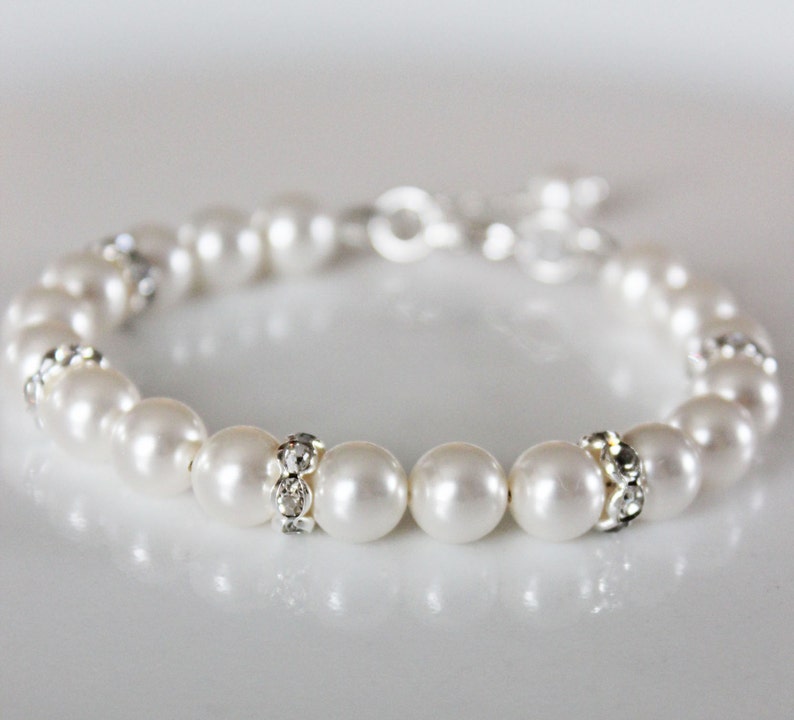 Wedding Pearl Bracelet, Bridesmaids Pearl Bracelet, Rhinestone and Pearl Bridal Bracelet, Simple Classic Wedding Jewelry image 2