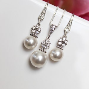 Pearl Drop Bridal Jewelry Set, Crystal Drop Wedding Jewelry Set, Pearl Earrings, Pearl Pendant, Bridesmaids Pearl Earrings and Pendant Set
