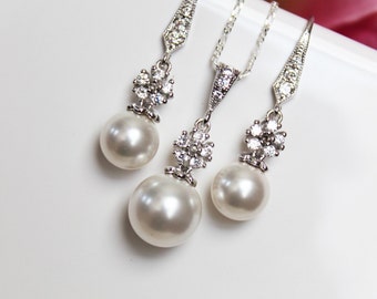 Pearl Drop Bridal Jewelry Set, Crystal Drop Wedding Jewelry Set, Pearl Earrings, Pearl Pendant, Bridesmaids Pearl Earrings and Pendant Set