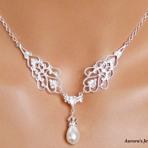 Bridal Pearl Pendant, Y Drop White Pearl Wedding Necklace, Pearl Drop Wedding Pendant, Bridal Jewelry