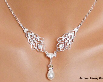 Bridal Pearl Pendant, Y Drop White Pearl Wedding Necklace, Pearl Drop Wedding Pendant, Bridal Jewelry