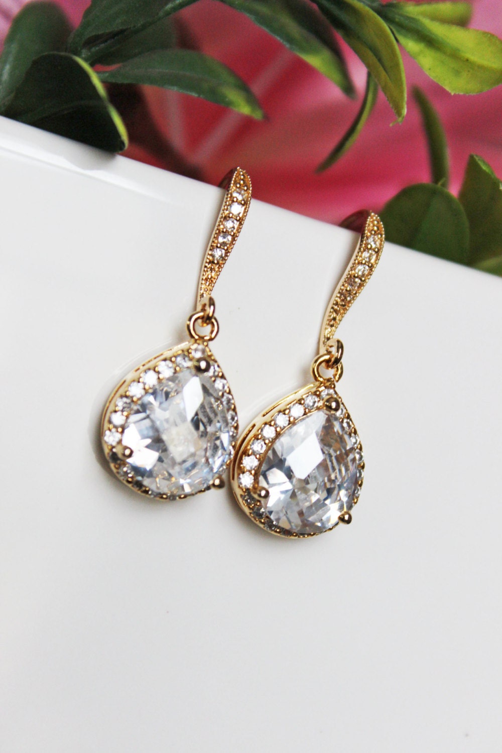 Cubic Zirconia Gold Crystal Drop Wedding Earrings, Gold Rhinestone ...