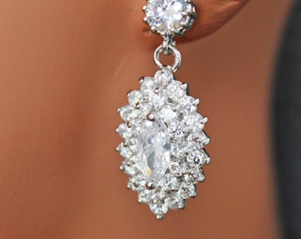 Marquise Crystal Bridal Earrings, Cubic Zirconia Wedding Jewelry, Sterling Silver Post, Bridesmaid Gift, Handmade Bridal Accessories