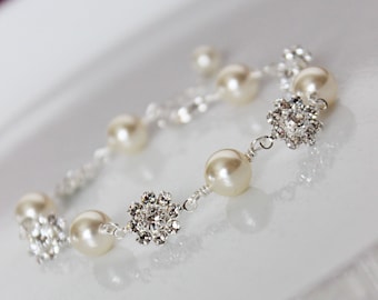 Cream Pearl Wedding Bracelet, Crystal Bridal Bracelet, Bridal Jewelry, Bridesmaids Bracelet