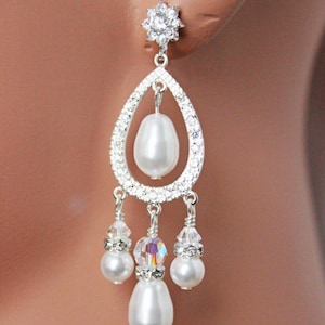 Sterling Silver and Cubic Zirconia Pearl Tear Drops, Chandelier Wedding Earrings, Crystal Bridal Earrings