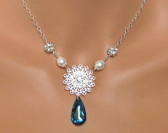 Crystal Bridal Necklace, Bermuda Blue Bridal Pendant, Bridal Jewelry, Crystal Blue Wedding Jewelry, Bridesmaids Jewelry