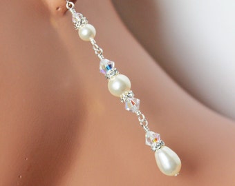 Cream Pearls and Crystal Bridal Earrings, Long Pearl Drop Wedding Earrings, Bridal Jewelry, Wedding Jewelry