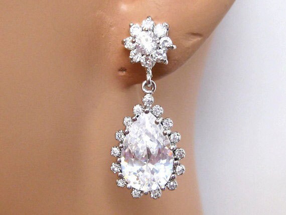 Crystal Drop Bridal Earrings CZ Crystal Rhinestone Wedding | Etsy