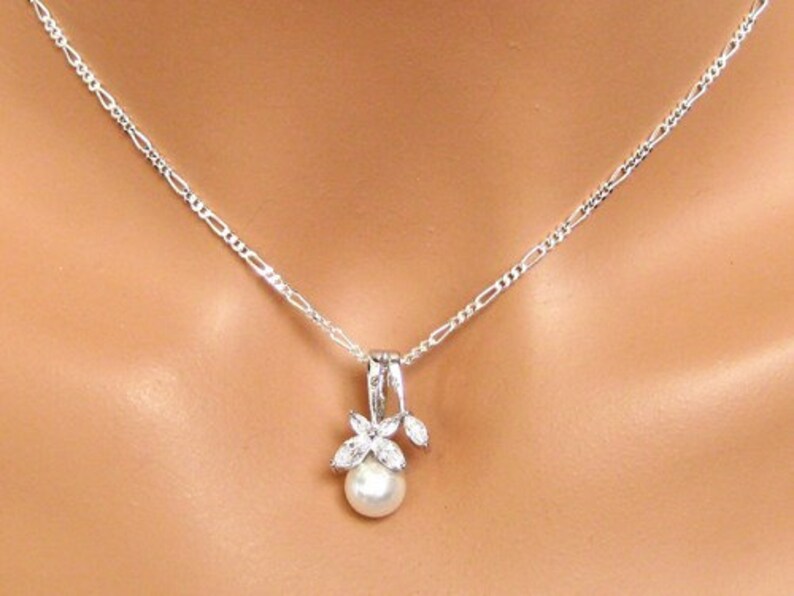 Pearl Drop Wedding Necklace. Cubic Zirconia Bridal Pendant. Bridal Necklace. Crystal Wedding Pendant. Bridesmaids Jewelry image 3