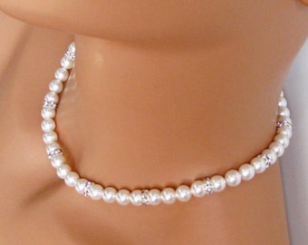 Classic Pearl Rhinestone Necklace, Bridal Necklace, Mother of the Bride Necklace, Wedding Jewelry