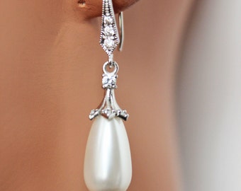 White Pearl Drop Wedding Earrings, Bridal Earrings, Bridesmaids Pearl Earrings, Rhinestone Pearl Wedding Jewelry