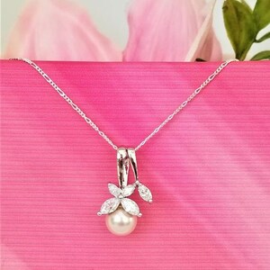 Pearl Drop Wedding Necklace, Cubic Zirconia Bridal Necklace, Pearl Drop Bridesmaids Necklace, Mother of the Bride