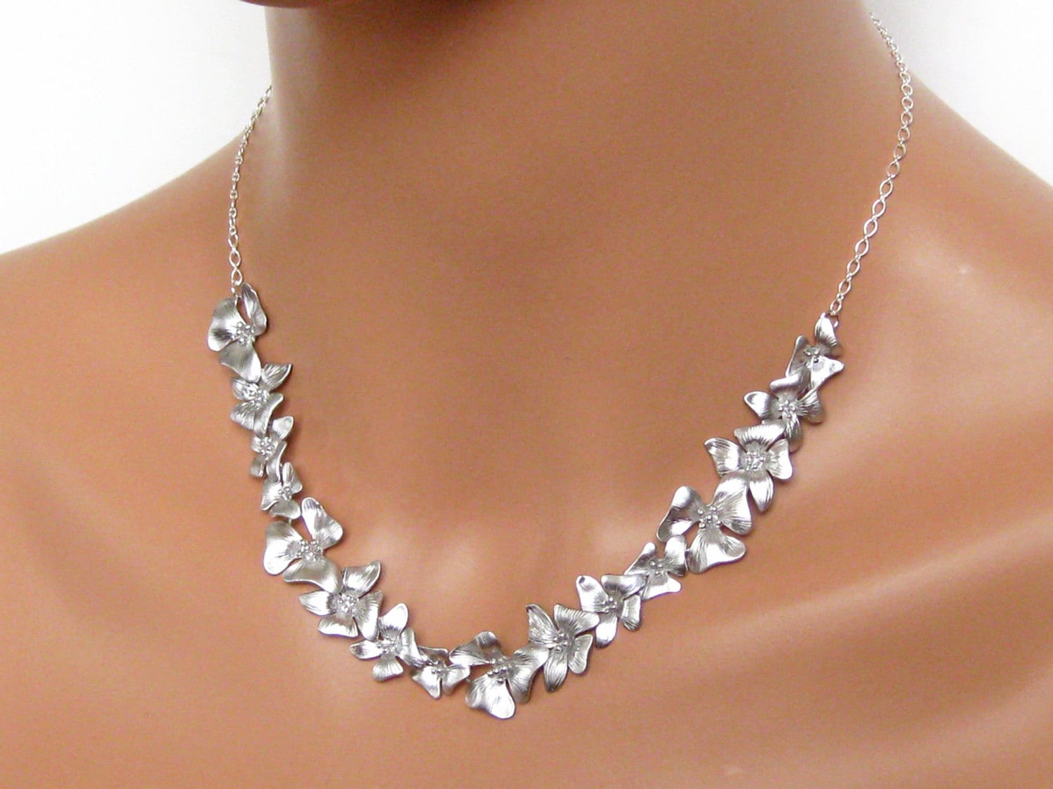 Matte Silver Flower and Sterling Silver Bridal Necklace Etsy