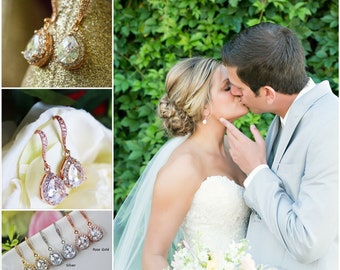 Rose Gold Crystal Drop Wedding Earrings, Rose Gold Bridal Earrings, Bridal Accessories, Bridesmaid Crystal Drop Earrings, CZ Earrings