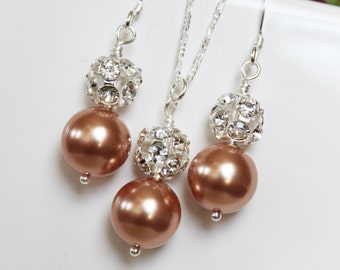 Rose Gold Pearl Drop Bridal Earrings and Pendant Jewelry Set, Crystal Drop Wedding Jewelry Set, Bridesmaids Jewelry Set, Bridal Accessories