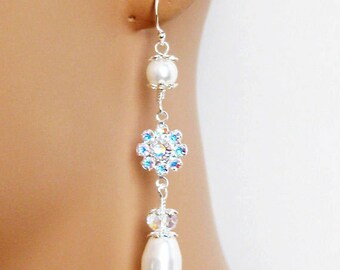 Rhinestone Bridal Earrings, Bridal Jewelry, Wedding Jewelry, Bridesmaids Jewelry, Drop Pearl Wedding Earrings