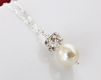 Rhinestone Pearl Wedding Pendant. Wedding Jewelry. Pearl Drop Wedding Necklace. Bridesmaids Jewelry. Bridal Jewelry