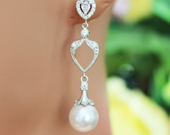 Crystal Pearl Drop Wedding Earrings, Crystal Chandelier Bridal Earrings, Pearl Drop Bridesmaids Earrings, Bridal Accessories