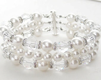 Pearl Cuff Wedding bracelet, Pearl Cuff Bridal Bracelet, Chunky Wedding Bracelet